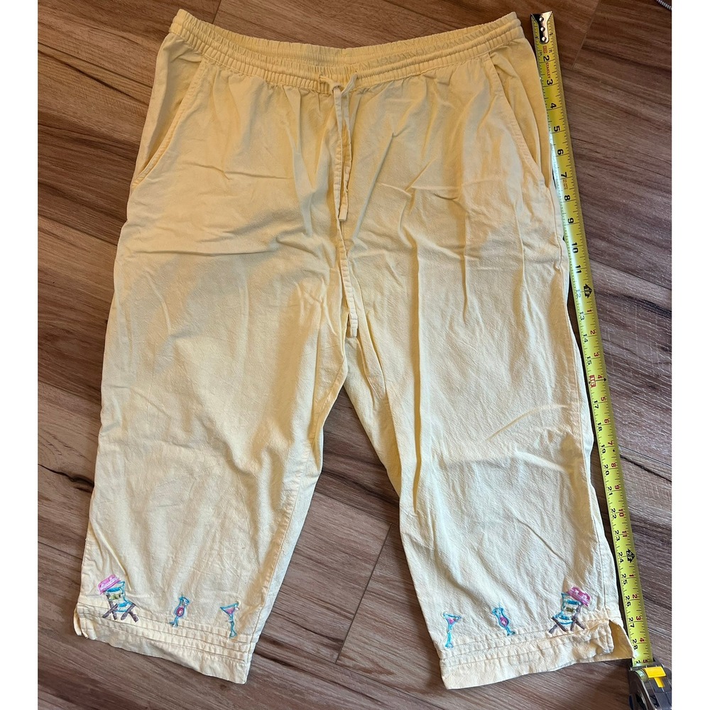 VTG JA Studio Petite Med Yellow Cotton Cropped‎ Pants Beach Embroidered Sequin